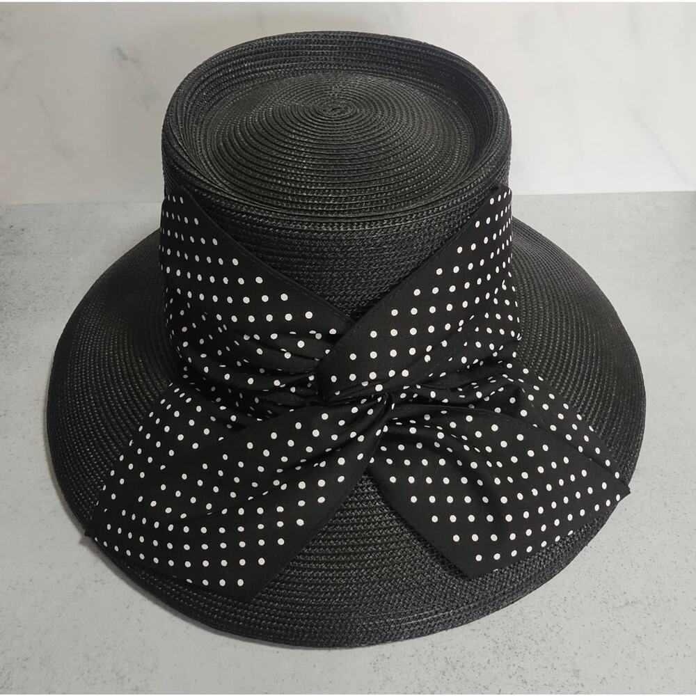 Lord & Taylor Women's Classic Black Straw Bucket Hat with Polka Dots Ribbon Bow